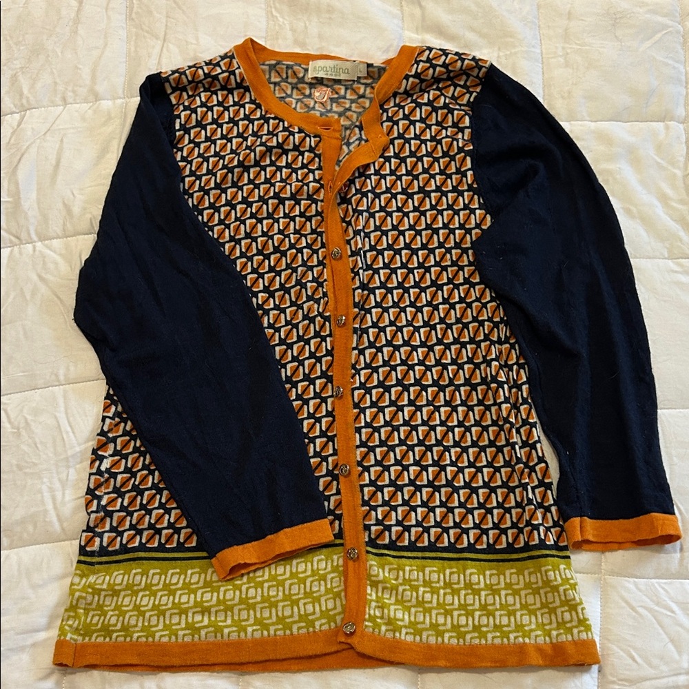 Spartina 449 Navy and Orange Geometric Cardigan